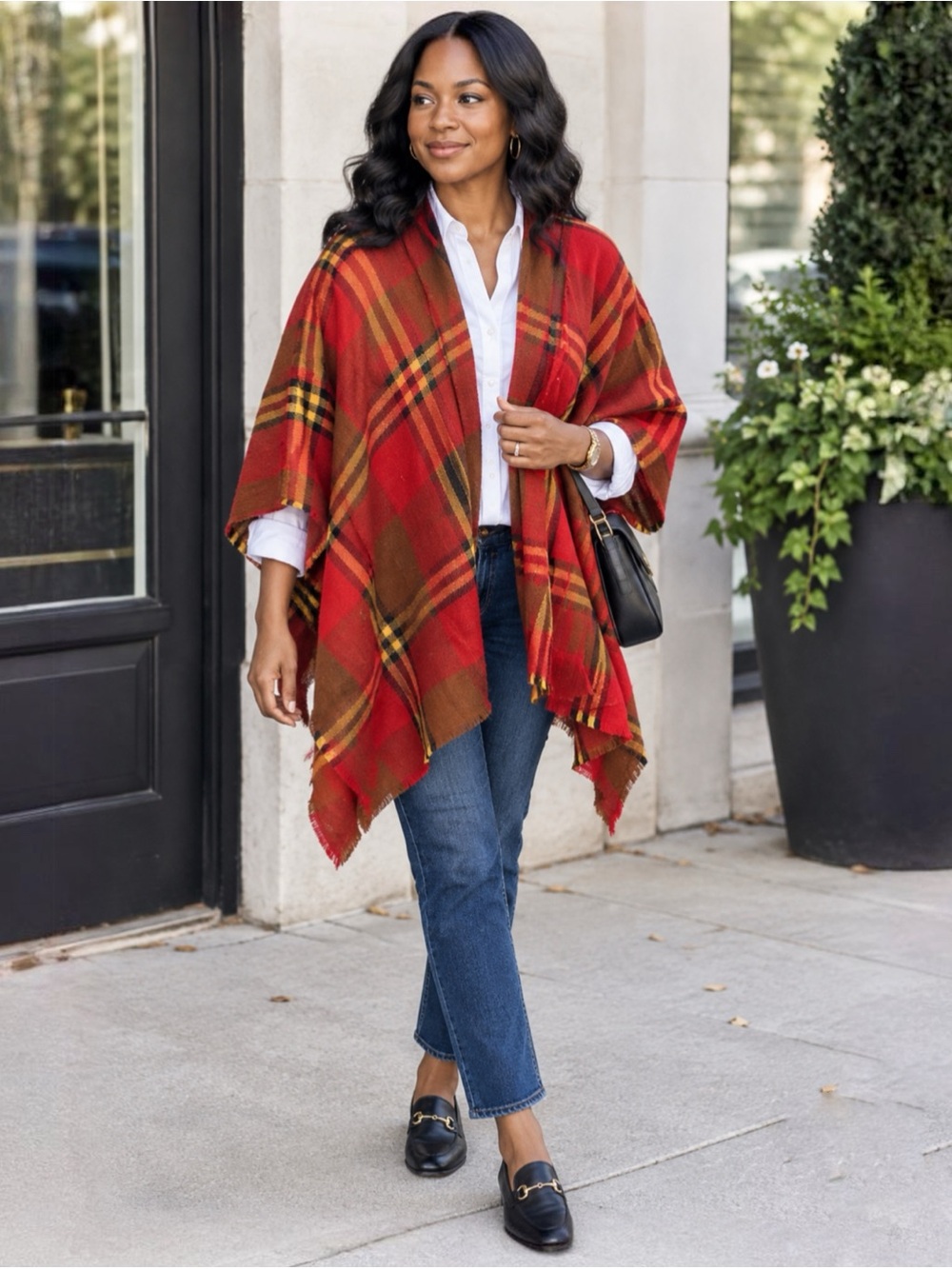 Lands' End Red & Brown Plaid Cape Poncho Shawl One Size Cozy Classic Outerwear